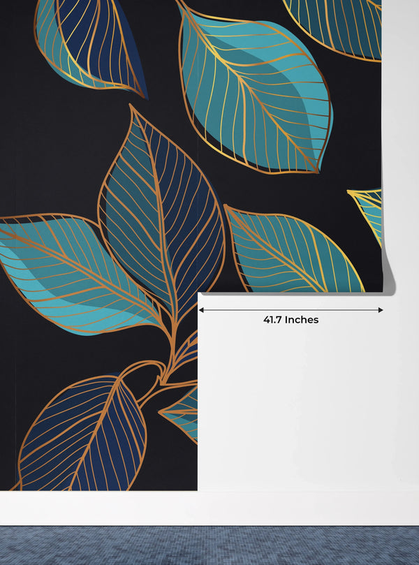 Gold Leaves Wallpaper, Black Background Mural, Oversized Custom Size Wall Art, Non-Woven, Non-Adhesive, Modern Wall Paper, Removable
