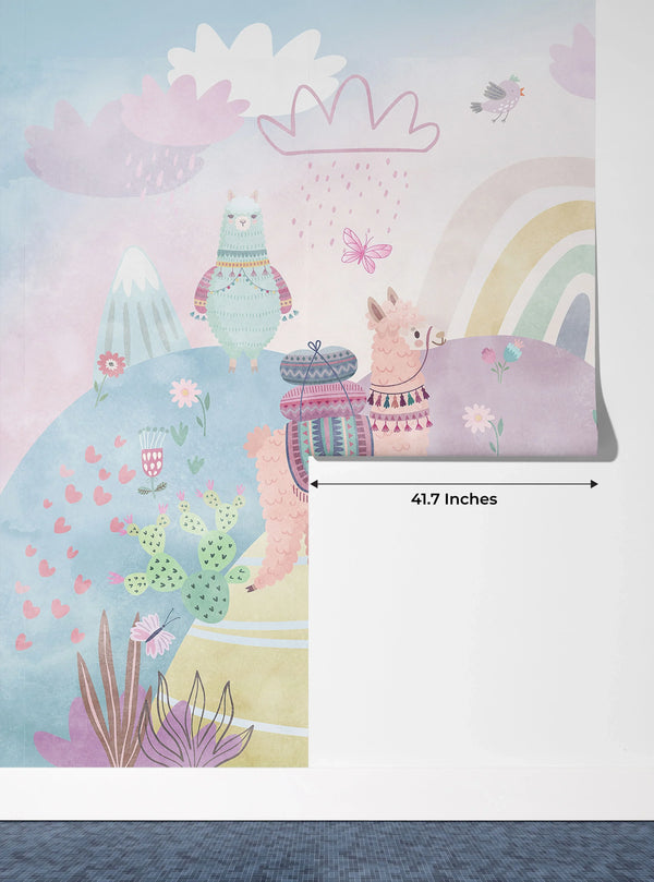 Colorful Wildlife Wallpaper, Clouds, Rainbow Mural, Oversized Custom Size Wall Art, Non-Woven, Non-Adhesive, Modern Wall Paper, Removable