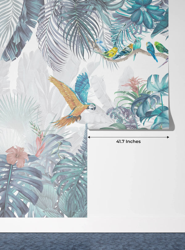 Tropic Jungle Scene Wallpaper, Parrots Mural, Oversized Custom Size Wall Art, Non-Woven, Non-Adhesive, Modern Wall Paper, Removable