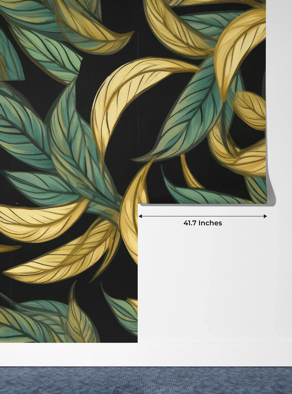 Gold and Light Green Leaves Wallpaper, Seamless Pattern Mural, Oversized Custom Size Wall Art, Non-Woven, Non-Adhesive, Modern Wall Paper, Removable