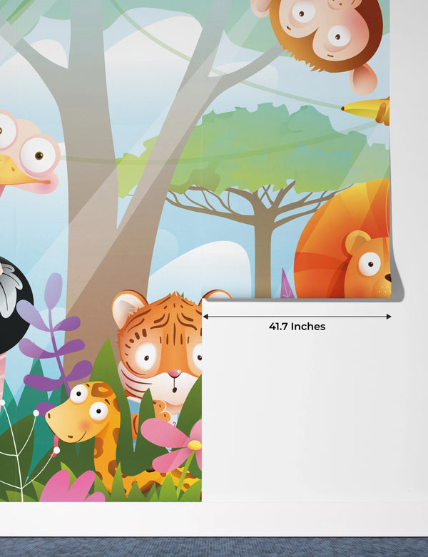 Kids Animals in Jungle Wallpaper, Wild Tropical Mural, Oversized Custom Size Wall Art, Non-Woven, Non-Adhesive, Modern Wall Paper, Removable