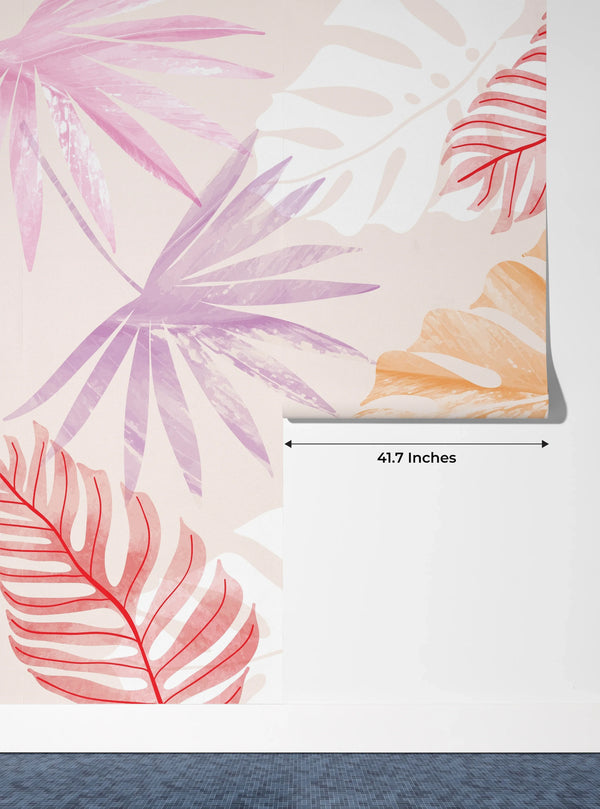 Tropical Art Wallpaper, Colorful Leaves Mural, Oversized Custom Size Wall Art, Non-Woven, Non-Adhesive, Modern Wall Paper, Removable