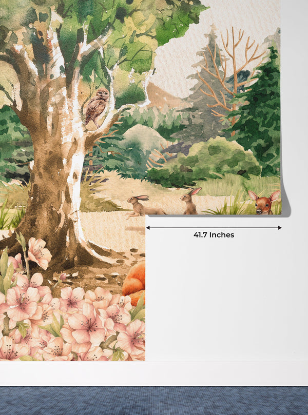 Forest Animals, Trees Wallpaper, Watercolor Mural, Oversized Custom Size Wall Art, Non-Woven, Non-Adhesive, Modern Wall Paper, Removable