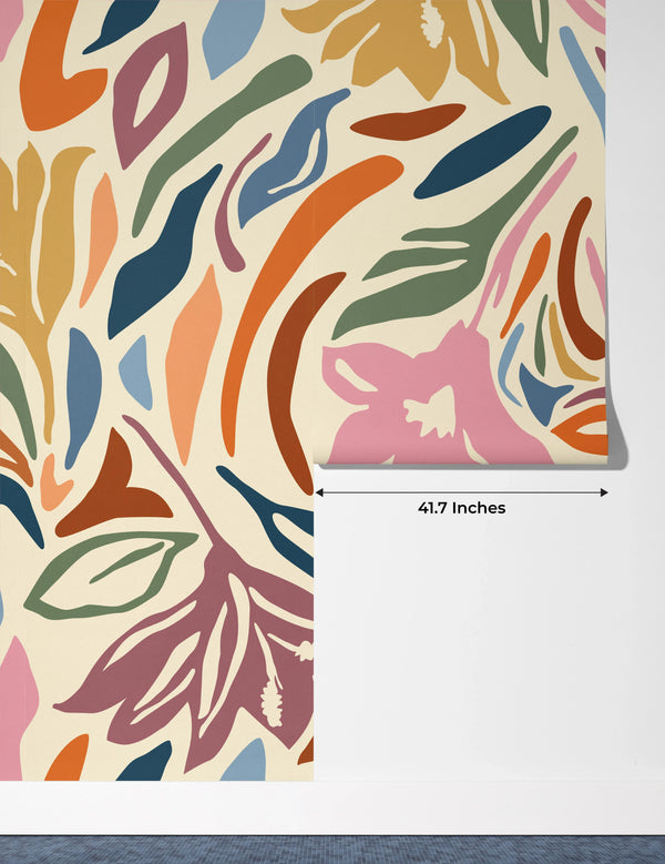 Abstract Shapes and Flowers Wallpaper, Colorful Mural, Oversized Custom Size Wall Art, Non-Woven, Non-Adhesive, Modern Wall Paper, Removable