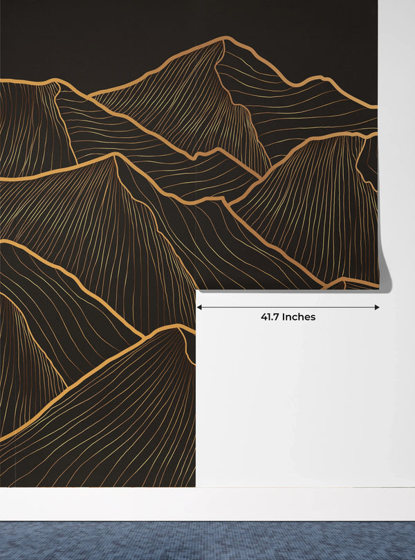 Mountain Gold Line Art Wallpaper, Black Background Mural, Oversized Custom Size Wall Art, Non-Woven, Non-Adhesive, Modern Wall Paper, Removable