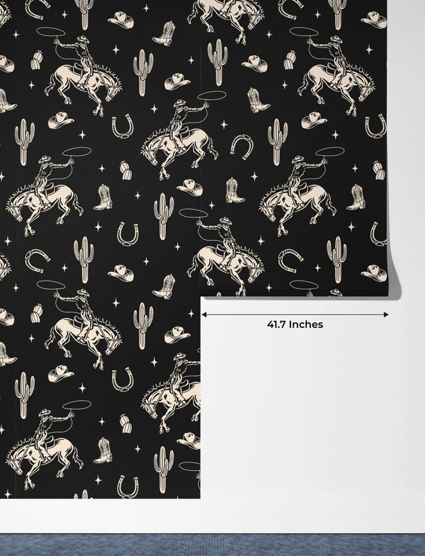 Western Themed Wallpaper, Black and White Seamless Pattern Mural, Oversized Custom Size Wall Art, Non-Woven, Non-Adhesive, Modern Wall Paper, Removable