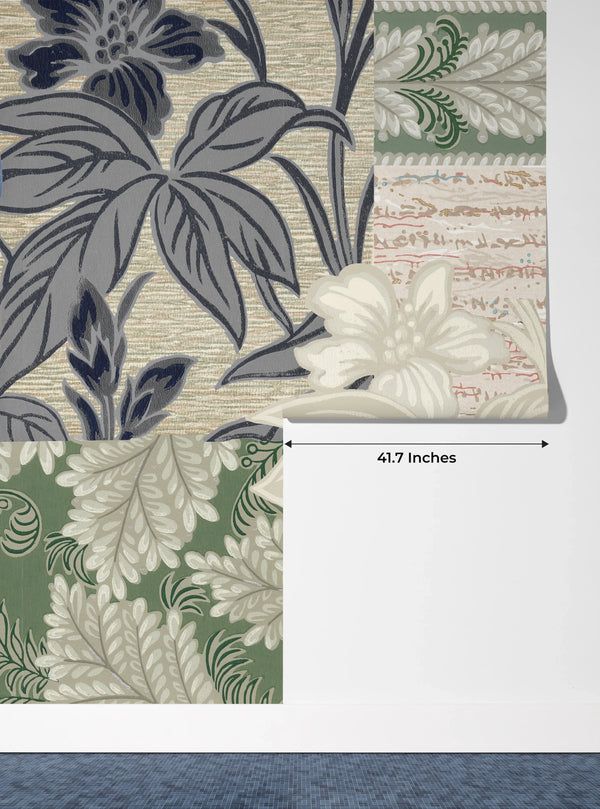 Floral Wallpaper, Patchwork Mural, Oversized Custom Size Wall Art, Non-Woven, Non-Adhesive, Modern Wall Paper, Removable