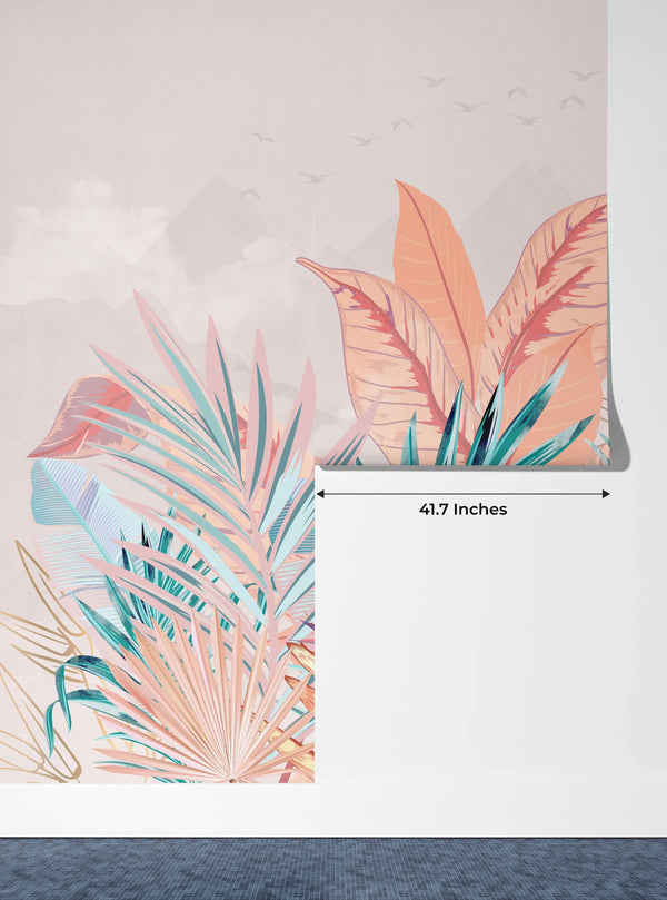 Tropical Forest Wallpaper, Pastel Colors Mural, Oversized Custom Size Wall Art, Non-Woven, Non-Adhesive, Modern Wall Paper, Removable