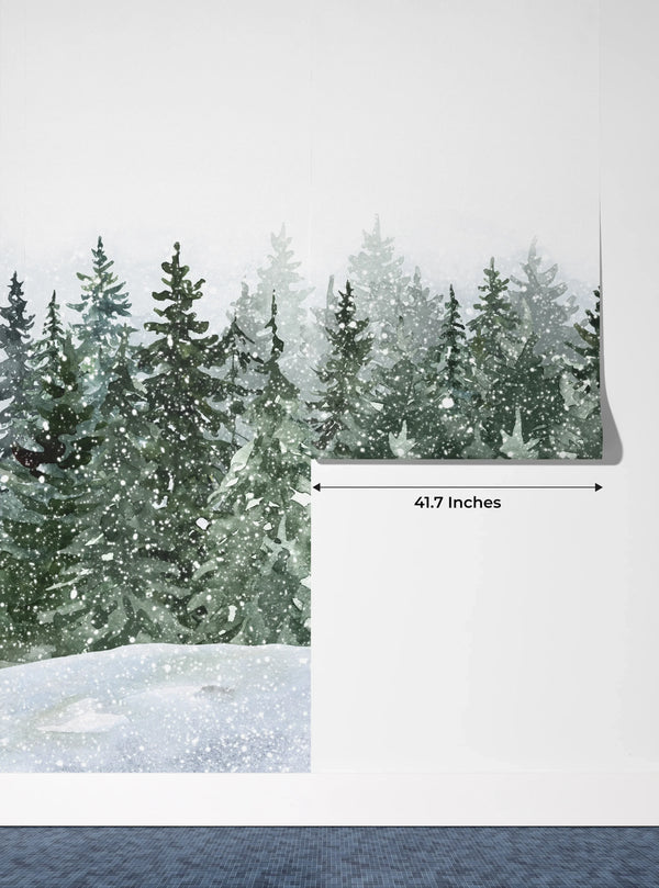 Winter Snowy Forest Wallpaper, Watercolor Mural, Oversized Custom Size Wall Art, Non-Woven, Non-Adhesive, Modern Wall Paper, Removable