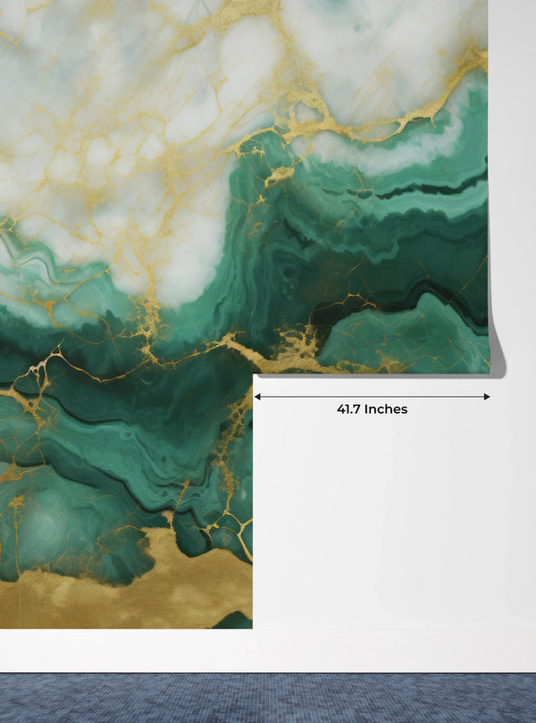 Emerald Green Marble Wallpaper, Gold Abstract Mural, Oversized Custom Size Wall Art, Non-Woven, Non-Adhesive, Modern Wall Paper, Removable