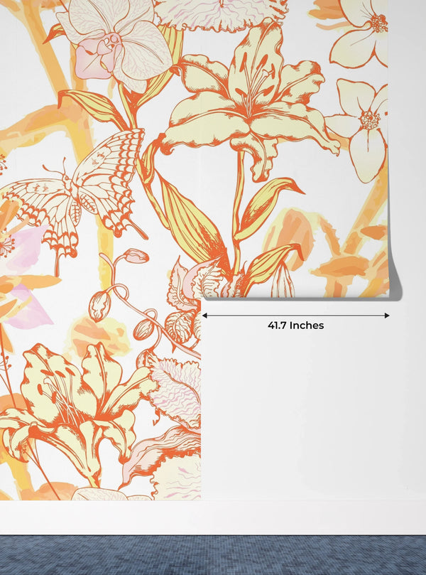 Fantastic Flowers and Butterflies Wallpaper, Seamless Pattern Mural, Oversized Custom Size Wall Art, Non-Woven, Non-Adhesive, Modern Wall Paper, Removable