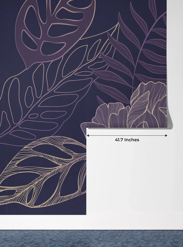 Purple Flowers Wallpaper, Big Leaves Mural, Oversized Custom Size Wall Art, Non-Woven, Non-Adhesive, Modern Wall Paper, Removable