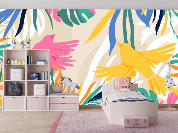Abstract Art Wallpaper, Botanical, Birds Mural, Oversized Custom Size Wall Art, Non-Woven, Non-Adhesive, Modern Wall Paper, Removable