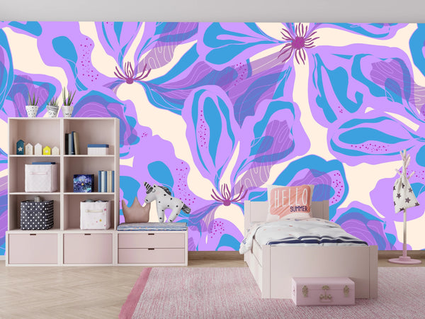 Abstract Purple Flowers Wallpaper, Seamless Pattern Mural, Oversized Custom Size Wall Art, Non-Woven, Non-Adhesive, Modern Wall Paper, Removable