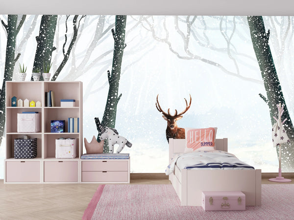 Winter Forest Wallpaper, Deer Mural, Oversized Custom Size Wall Art, Non-Woven, Non-Adhesive, Modern Wall Paper, Removable