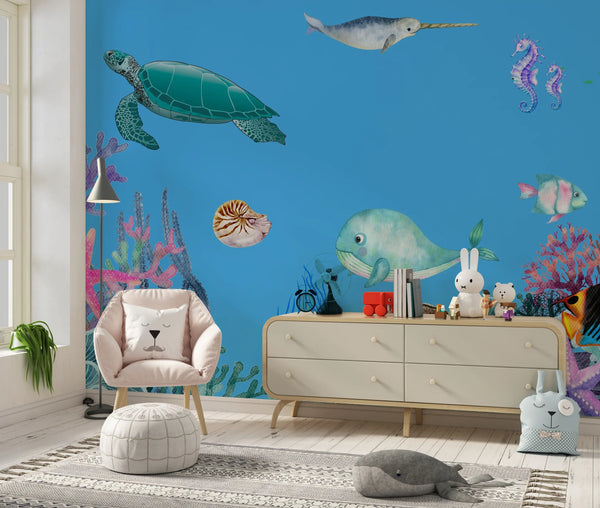 Underwater Wallpaper, Sea Animals Mural, Oversized Custom Size Wall Art, Non-Woven, Non-Adhesive, Modern Wall Paper, Removable