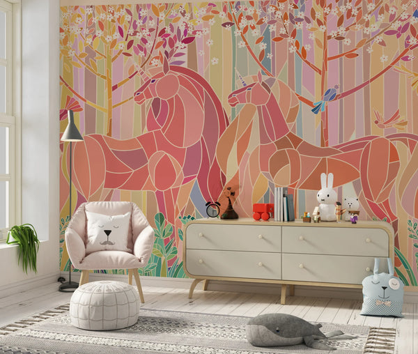 Stained Glass Unicorns Wallpaper, Spring Forest Mural, Oversized Custom Size Wall Art, Non-Woven, Non-Adhesive, Modern Wall Paper, Removable