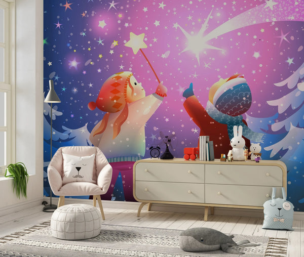 Magical Winter Forest Wallpaper, Children Mural, Oversized Custom Size Wall Art, Non-Woven, Non-Adhesive, Modern Wall Paper, Removable