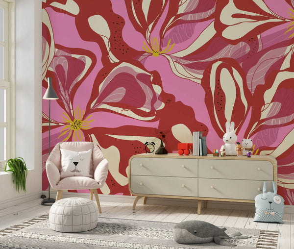 Abstract Red Flowers Wallpaper, Seamless Pattern Mural, Oversized Custom Size Wall Art, Non-Woven, Non-Adhesive, Modern Wall Paper, Removable