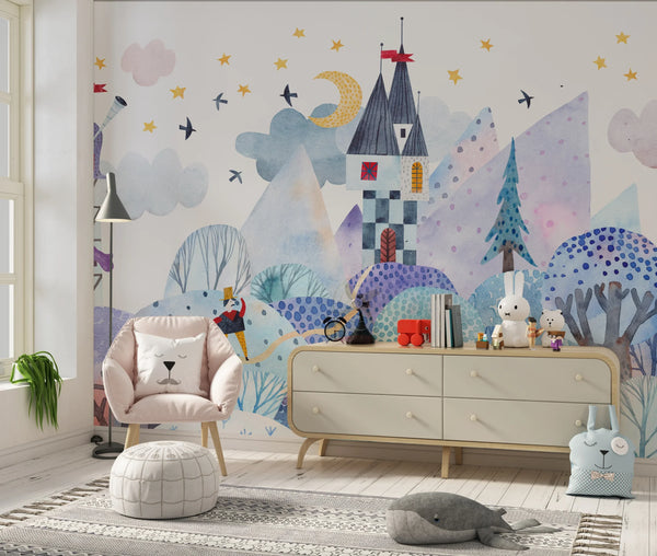 Bright Winter Wallpaper, Village Mural, Oversized Custom Size Wall Art, Non-Woven, Non-Adhesive, Modern Wall Paper, Removable