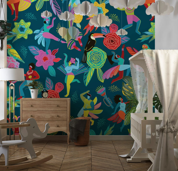 Abstract Colorful People Wallpaper, Seamless Pattern Mural, Oversized Custom Size Wall Art, Non-Woven, Non-Adhesive, Modern Wall Paper, Removable