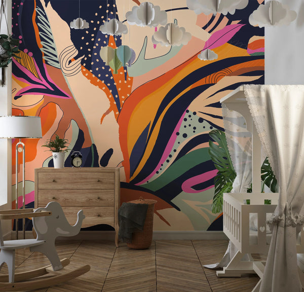 Exotic Jungle Plants Wallpaper, Abstract Mural, Oversized Custom Size Wall Art, Non-Woven, Non-Adhesive, Modern Wall Paper, Removable