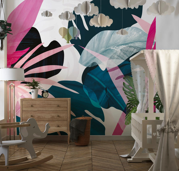 Abstract Art Tropical Leaves Wallpaper, Exotic Mural, Oversized Custom Size Wall Art, Non-Woven, Non-Adhesive, Modern Wall Paper, Removable