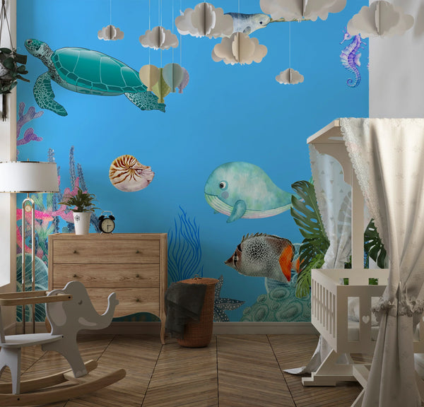 Underwater Wallpaper, Sea Animals Mural, Oversized Custom Size Wall Art, Non-Woven, Non-Adhesive, Modern Wall Paper, Removable