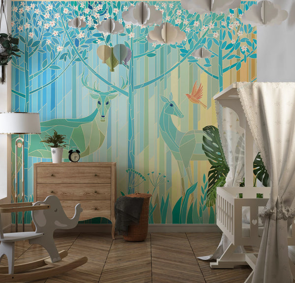 Stained Glass Deers Wallpaper, Spring Forest Mural, Oversized Custom Size Wall Art, Non-Woven, Non-Adhesive, Modern Wall Paper, Removable