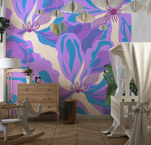 Abstract Purple Flowers Wallpaper, Seamless Pattern Mural, Oversized Custom Size Wall Art, Non-Woven, Non-Adhesive, Modern Wall Paper, Removable