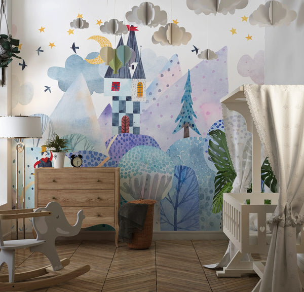 Bright Winter Wallpaper, Village Mural, Oversized Custom Size Wall Art, Non-Woven, Non-Adhesive, Modern Wall Paper, Removable