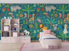 Tropical Animals Wallpaper, Green Background Mural, Oversized Custom Size Wall Art, Non-Woven, Non-Adhesive, Modern Wall Paper, Removable