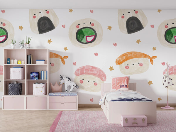 Sushi Kawaii Watercolor Food Wallpaper, Seamless Pattern Mural, Oversized Custom Size Wall Art, Non-Woven, Non-Adhesive, Modern Wall Paper, Removable