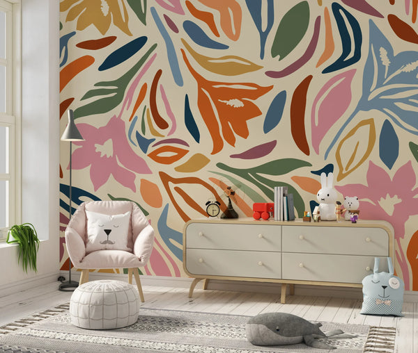 Abstract Shapes and Flowers Wallpaper, Colorful Mural, Oversized Custom Size Wall Art, Non-Woven, Non-Adhesive, Modern Wall Paper, Removable