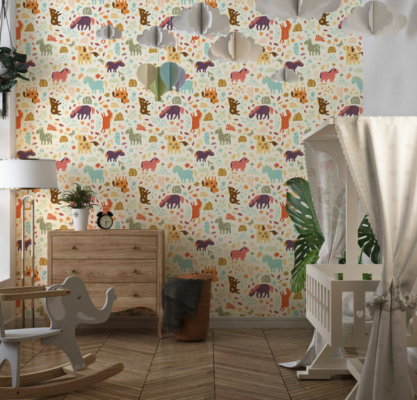 Horses, Clouds, Flowers Wallpaper, Sweet Seamless Pattern Mural, Oversized Custom Size Wall Art, Non-Woven, Non-Adhesive, Modern Wall Paper, Removable