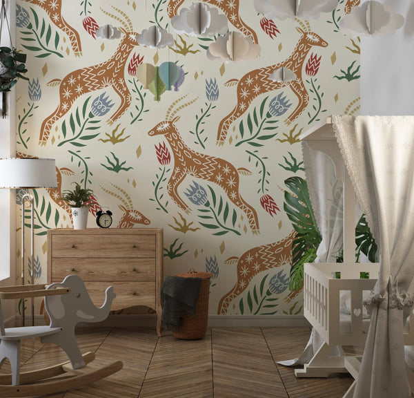 Celestial Folk Antilope Wallpaper, Boho Mural, Oversized Custom Size Wall Art, Non-Woven, Non-Adhesive, Modern Wall Paper, Removable