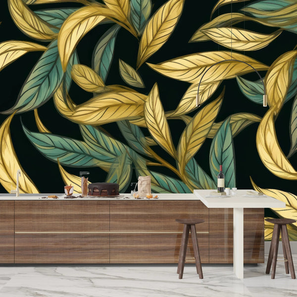 Gold and Light Green Leaves Wallpaper, Seamless Pattern Mural, Oversized Custom Size Wall Art, Non - Woven, Non - Adhesive, Modern Wall Paper, Removable - Adawall Wallpaper - Registered Trade Accounts Only, Wallpaper Wholesale Account - W77903 - Adawall Wholesale - Wallpaper Wholesaler