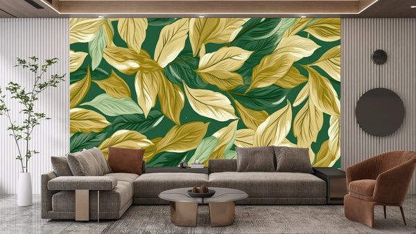 Gold and Light Green Small Leaves Wallpaper, Seamless Pattern Mural, Oversized Custom Size Wall Art, Non - Woven, Non - Adhesive, Modern Wall Paper, Removable - Adawall Wallpaper - Registered Trade Accounts Only, Wallpaper Wholesale Account - W77904 - Adawall Wholesale - Wallpaper Wholesaler
