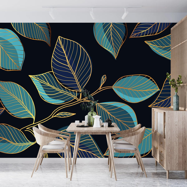 Gold Leaves Wallpaper, Black Background Mural, Oversized Custom Size Wall Art, Non - Woven, Non - Adhesive, Modern Wall Paper, Removable - Adawall Wallpaper - Registered Trade Accounts Only, Wallpaper Wholesale Account - W77905 - Adawall Wholesale - Wallpaper Wholesaler