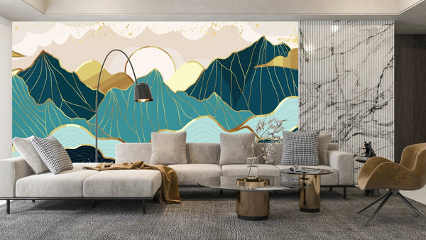 Gold Line Mountains Wallpaper, Landscape Mural, Oversized Custom Size Wall Art, Non - Woven, Non - Adhesive, Modern Wall Paper, Removable - Adawall Wallpaper - Registered Trade Accounts Only, Wallpaper Wholesale Account - W77912 - Adawall Wholesale - Wallpaper Wholesaler