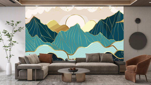 Gold Line Mountains Wallpaper, Landscape Mural, Oversized Custom Size Wall Art, Non - Woven, Non - Adhesive, Modern Wall Paper, Removable - Adawall Wallpaper - Registered Trade Accounts Only, Wallpaper Wholesale Account - W77912 - Adawall Wholesale - Wallpaper Wholesaler