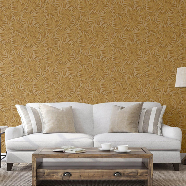 Gold Luxury Leaves Solid Color Shades Wallpaper, Deep Embossed Flocked Velvet Feeling Design - Walloro High End Wallcoverings & More