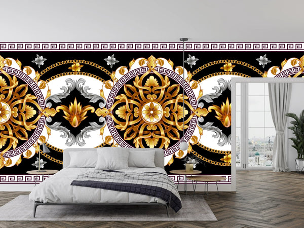 Golden Baroque Wallpaper, Black Background Mural, Oversized Custom Size Wall Art, Non - Woven, Non - Adhesive, Modern Wall Paper, Removable - Adawall Wallpaper - Registered Trade Accounts Only, Wallpaper Wholesale Account - W77691 - Adawall Wholesale - Wallpaper Wholesaler