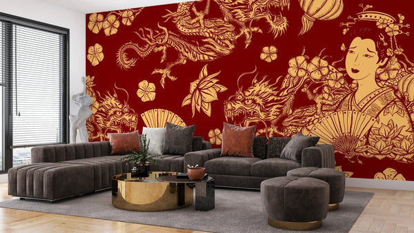 Golden Chinese Dragons and Woman Wallpaper, Seamless Pattern Mural, Oversized Custom Size Wall Art, Non - Woven, Non - Adhesive, Modern Wall Paper, Removable - Adawall Wallpaper - Registered Trade Accounts Only, Wallpaper Wholesale Account - W78106 - Adawall Wholesale - Wallpaper Wholesaler