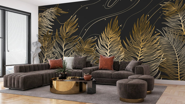 Golden Exotic Palm Leaves Wallpaper, Seamless Pattern Mural, Oversized Custom Size Wall Art, Non - Woven, Non - Adhesive, Modern Wall Paper, Removable - Adawall Wallpaper - Registered Trade Accounts Only, Wallpaper Wholesale Account - W78062 - Adawall Wholesale - Wallpaper Wholesaler