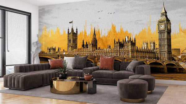 Golden View of Big Ben Wallpaper, Westminster Bridge Mural, Oversized Custom Size Wall Art, Non - Woven, Non - Adhesive, Modern Wall Paper, Removable - Adawall Wallpaper - Registered Trade Accounts Only, Wallpaper Wholesale Account - W78165 - Adawall Wholesale - Wallpaper Wholesaler