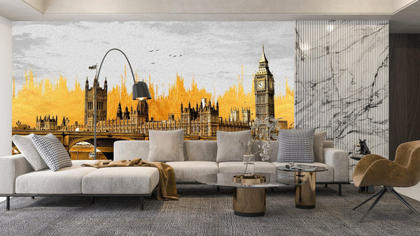 Golden View of Big Ben Wallpaper, Westminster Bridge Mural, Oversized Custom Size Wall Art, Non - Woven, Non - Adhesive, Modern Wall Paper, Removable - Adawall Wallpaper - Registered Trade Accounts Only, Wallpaper Wholesale Account - W78165 - Adawall Wholesale - Wallpaper Wholesaler