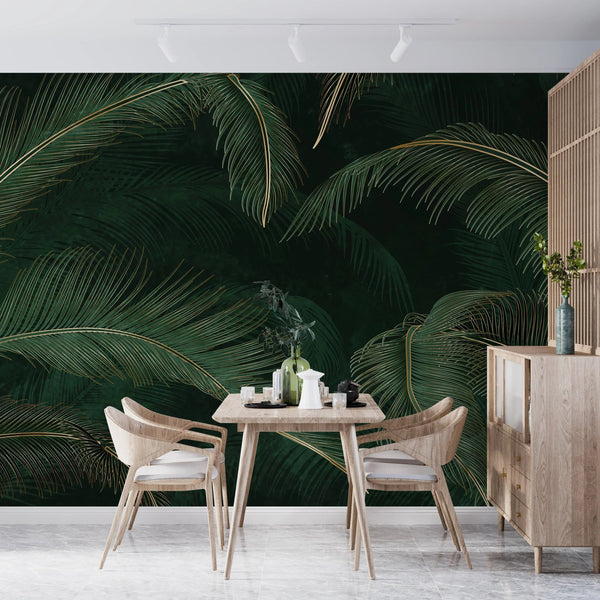 Green Exotic Palm Leaves Wallpaper, Dark Luxury Art Background Mural, Oversized Custom Size Wall Art, Non - Woven, Non - Adhesive, Modern Wall Paper, Removable - Adawall Wallpaper - Registered Trade Accounts Only, Wallpaper Wholesale Account - W77513 - Adawall Wholesale - Wallpaper Wholesaler