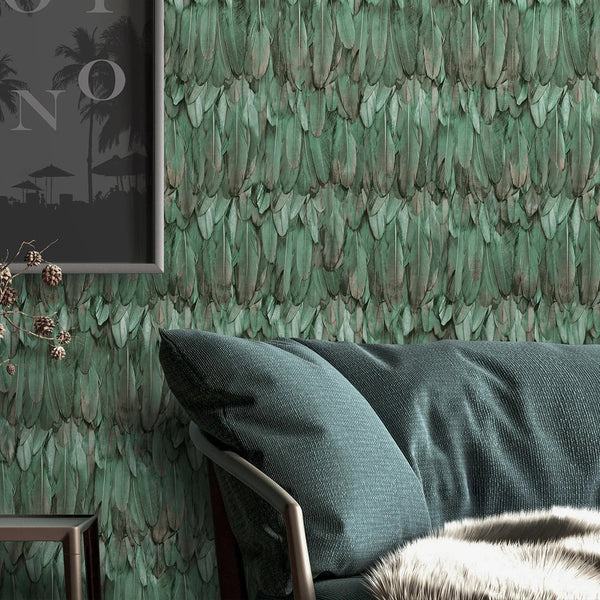 Green Feathers Pattern Embossed Wallpaper, Tropical 3D Textured Birds Vivid Wallcovering - Adawall Wallpaper - Registered Trade Accounts Only, Wallpaper Wholesale Account - 9913-4 - Adawall Wholesale - Wallpaper Wholesaler