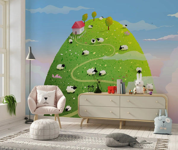 Green Hill Wallpaper, Sheep Mural, Oversized Custom Size Wall Art, Non - Woven, Non - Adhesive, Modern Wall Paper, Removable - Adawall Wallpaper - Registered Trade Accounts Only, Wallpaper Wholesale Account - W78132 - Adawall Wholesale - Wallpaper Wholesaler